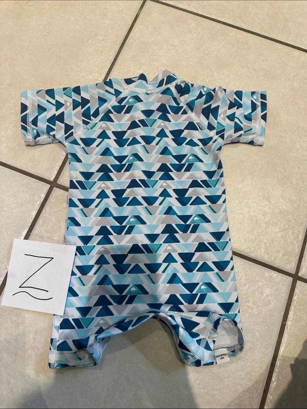 Kids Short-Sleeve Rashguard One-Piece Swimsuit - Blue Geo Print